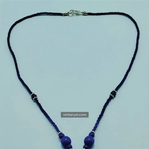 Handmade Minimalist Lapis Necklace, Beaded Chain Necklace, Handcrafted Gemstone - Picture 4 of 11